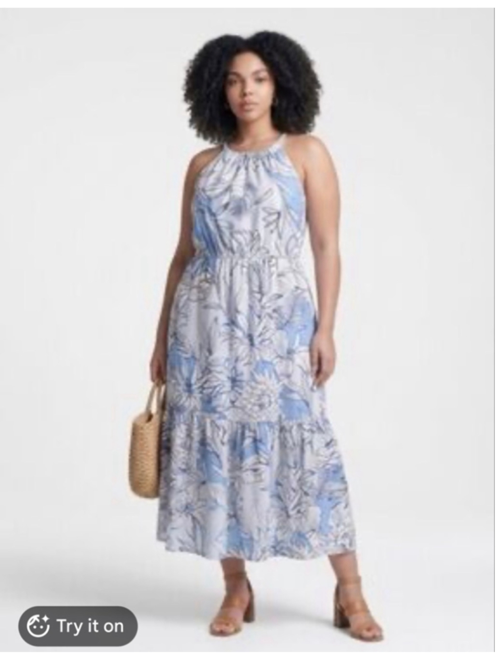 Halston Linen Halter Maxi Dress Floral Blue XL NWT
